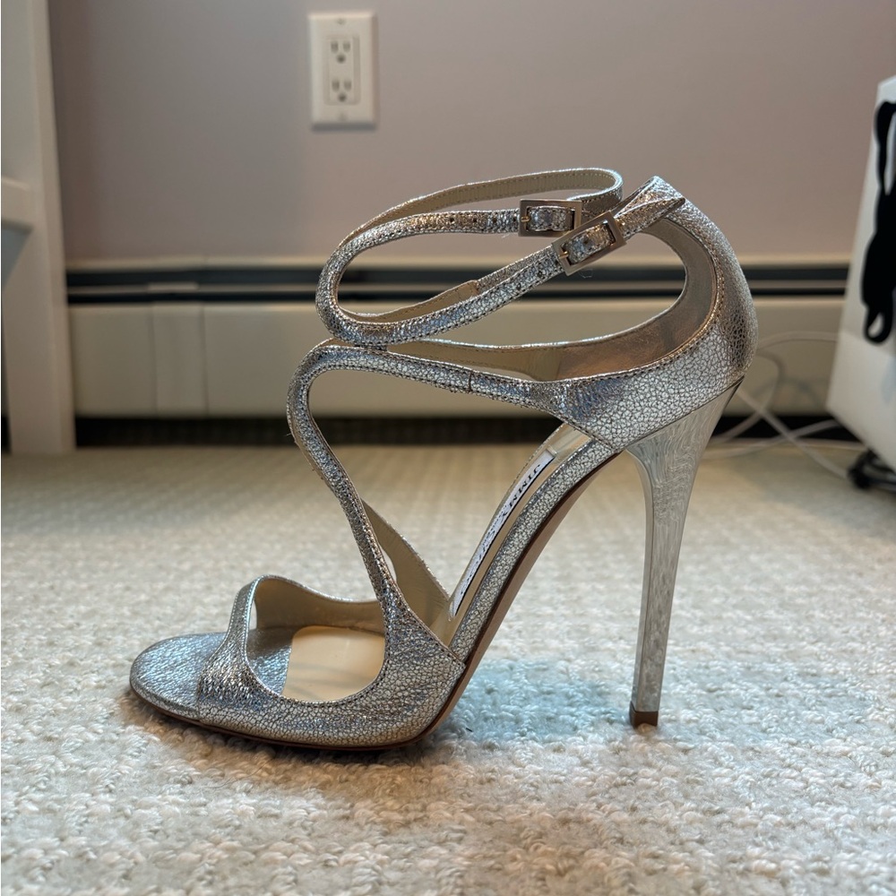 Jimmy Choo- Lance: Silver Stiletto Heels with Ankle Straps